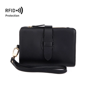 Black RFID leather tri-fold wallet for women with zipper pocket and wrist strap
