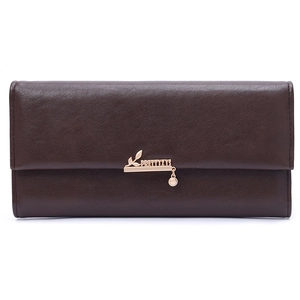 Dark brown long leather wallet for women with golden heart pendant and leaf hardware