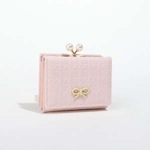 Pink PU leather tri-fold wallet with pearl kiss-lock and golden bow decoration