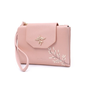 Pink matte leather women's short wallet with golden bird clasp and wrist strap