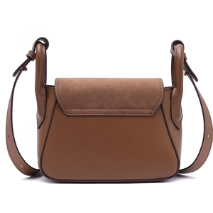 Brown leather patchwork crossbody bag with matte flap and adjustable strap on white background
