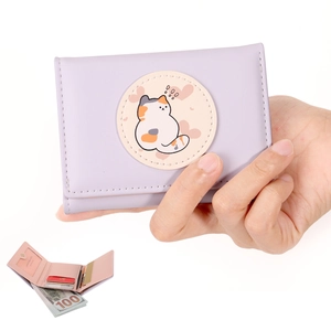 Women Short Wallet PU Leather Cute Cartoon Cat Patch Folded Card Holder Small Coin Purse Large Capacity Student Sweet
