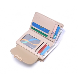 Apricot faux leather folding wallet with card slots and cash compartment