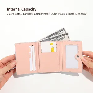 Cute pink cartoon tri-fold wallet with multiple card slots and clear photo window