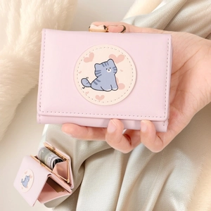 Portefeuille Triple Pour Femme En Similicuir PU Écusson Chat Mignon Fermoir Baiser Coeur Porte-monnaie Plusieurs Emplacements