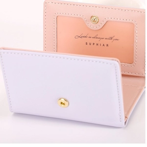 Pink and lilac trifold PU leather short wallet with card slots and metal button closure
