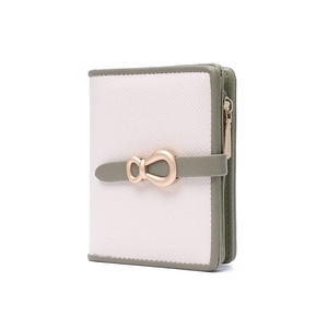 Short bi-fold minimalist women purse in cream and olive green with bow buckle clasp