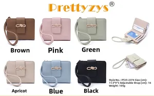 Short women's wallet with bow buckle, litchi grain leather texture and hand strap