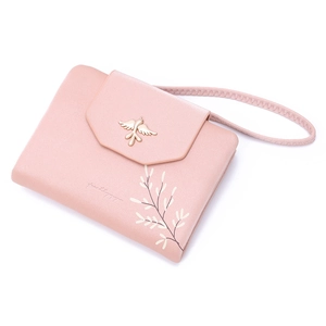 Women's pink PU leather short wallet with gold bird buckle and floral print accents