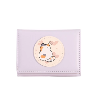 Slim tri-fold lavender cat wallet for women with heart pattern and cute kitten patch