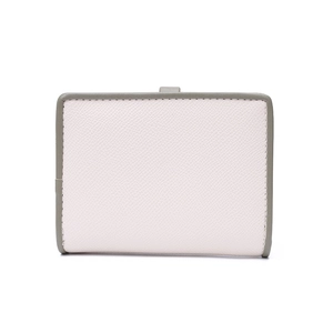 Minimalist bi-fold wallet for women in pink and gray textured leather with buckle strap