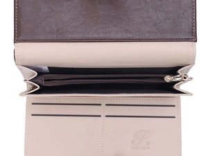 Detailed interior of a bi-fold wallet featuring multiple card slots and a heart zipper