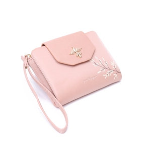 Close-up of pink PU leather wallet with bird buckle, floral print and wrist strap