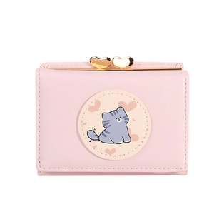 Mini portefeuille rose avec motif chat de dessin animé et fermoirs dorés en forme de cœur