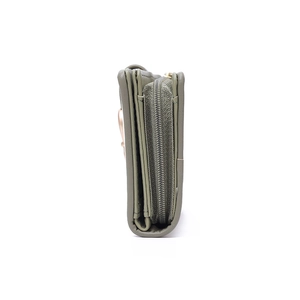Detail view of olive green leather wallet showing multiple card slots and zipper pocket