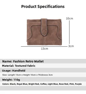 Detailed size specifications for a retro brown trifold wallet, dimensions 13x10x3cm