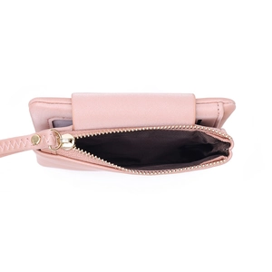 Pink PU leather short wallet with zip pocket and wristlet strap for women