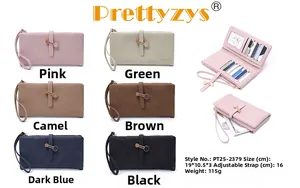 Detail view of long PU leather wallets showing internal card slots and multiple color options