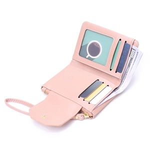 Detail view of pink PU leather wallet showing multiple card slots and internal coin pouch