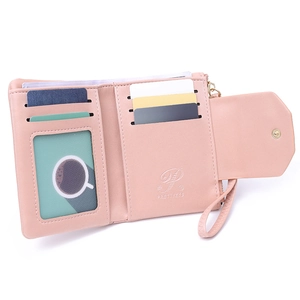 Short pink leather tri-fold wallet for women with zipper pocket and wrist strap