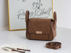 Detail view of brown crossbody bag featuring contrast suede flap and gold buckle hardware