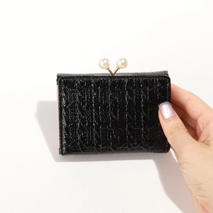 Mini black crinkle leather trifold wallet with gold frame and double pearl clasp