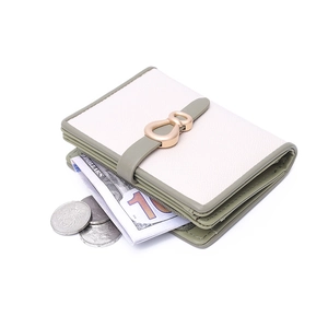 Short PU leather wallet for women with two-tone design and gold metal buckle closure