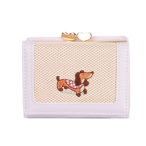 Cute cartoon dachshund embroidered lavender PU leather trifold wallet for women with heart clasp