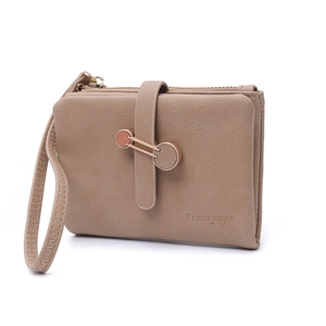 Short PU leather wallet for women in khaki with zipper and metal buckle detail