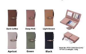 Detail view of women long wallet featuring leaf zipper pull and multiple card slots