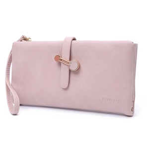 Pale pink long matte leather wallet for women with metal ring buckle and wrist strap