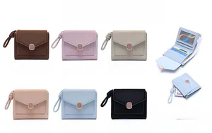 Multi-color women's tri-fold envelope wallets with metal hardware and card slots