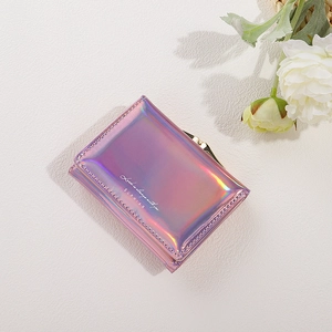 Three-fold laser iridescent wallet for women with golden buckle and Luck typography