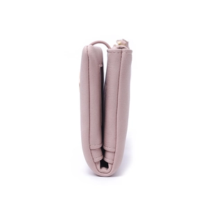 Side view of multi-layer trifold women's long wallet in matte pink PU leather