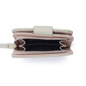 Short minimalist light green leather wallet for women with zipper and wrist strap