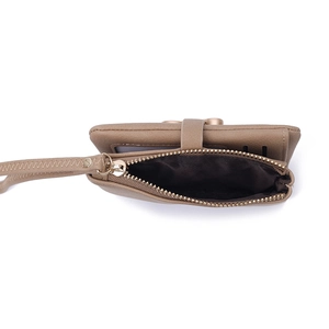 Brown PU leather small zipper wallet with wrist strap and functional card slots