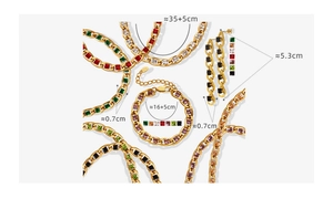 Detailed view of gold chain jewelry set with multi-color zircon stones and size measurements