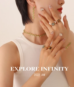 Luxury gold jewelry set with green gemstones and natural stone rings on female model