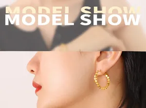 Close-up of 18K gold plated hoop earrings with industrial style hexagonal bead details