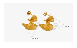 Detail of fan-shaped textured earrings in gold finish with dimensions 1.9cm by 2.3cm