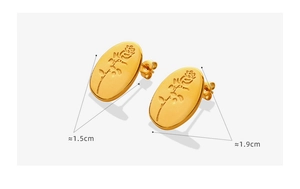 Detail of vintage gold titanium oval earrings with embossed rose pattern and dimensions