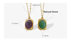 Detail shot of natural stone pendants with gold textured frame and size dimensions