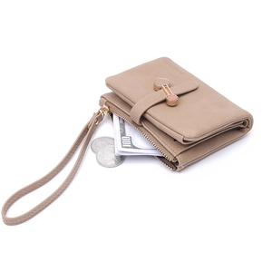Khaki PU leather folding wallet with wrist strap and gold buckle in 45-degree view