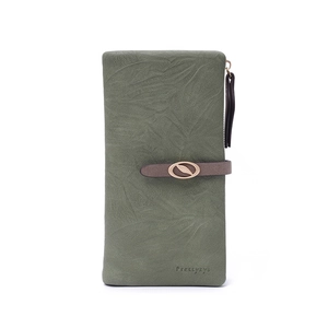 Close-up of olive green long wallet with leaf embossed texture and metal leaf buckle