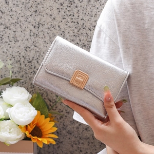 Close-up of silver textured women's wallet with golden metallic clasp in hand