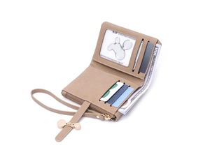Detail view of khaki foldable wallet with multiple card slots and clear ID window