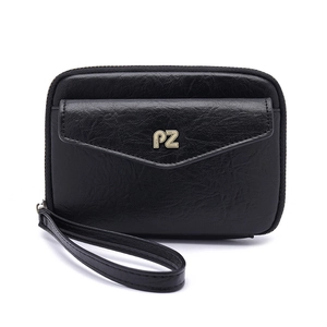 Detail of black leather passport wallet with gold PZ logo and wristlet strap