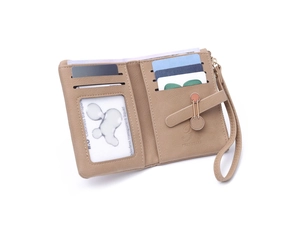 Interior detail of beige PU leather wallet with card slots, ID window and zipper pocket