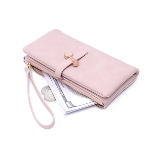 Detail view of pink long wallet showing internal coin pocket and zip compartment