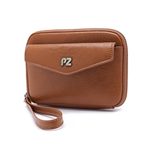 Dark brown leather wristlet wallet with litchi texture and silver PZ logo detailing